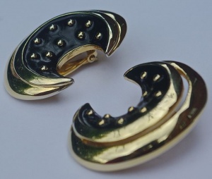 Courrges Paris Gold Plated and Black Enamel Vintage Earrings